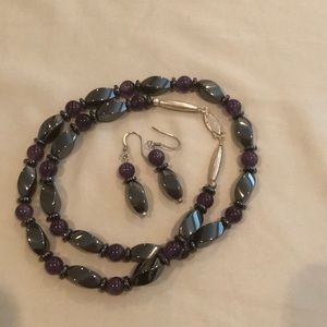 Black and purple set of earrings with necklace